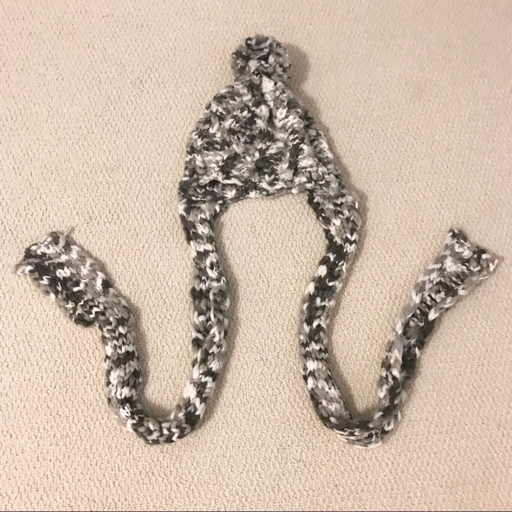Prana Knit Hat with Scarf Tails Marled Grey